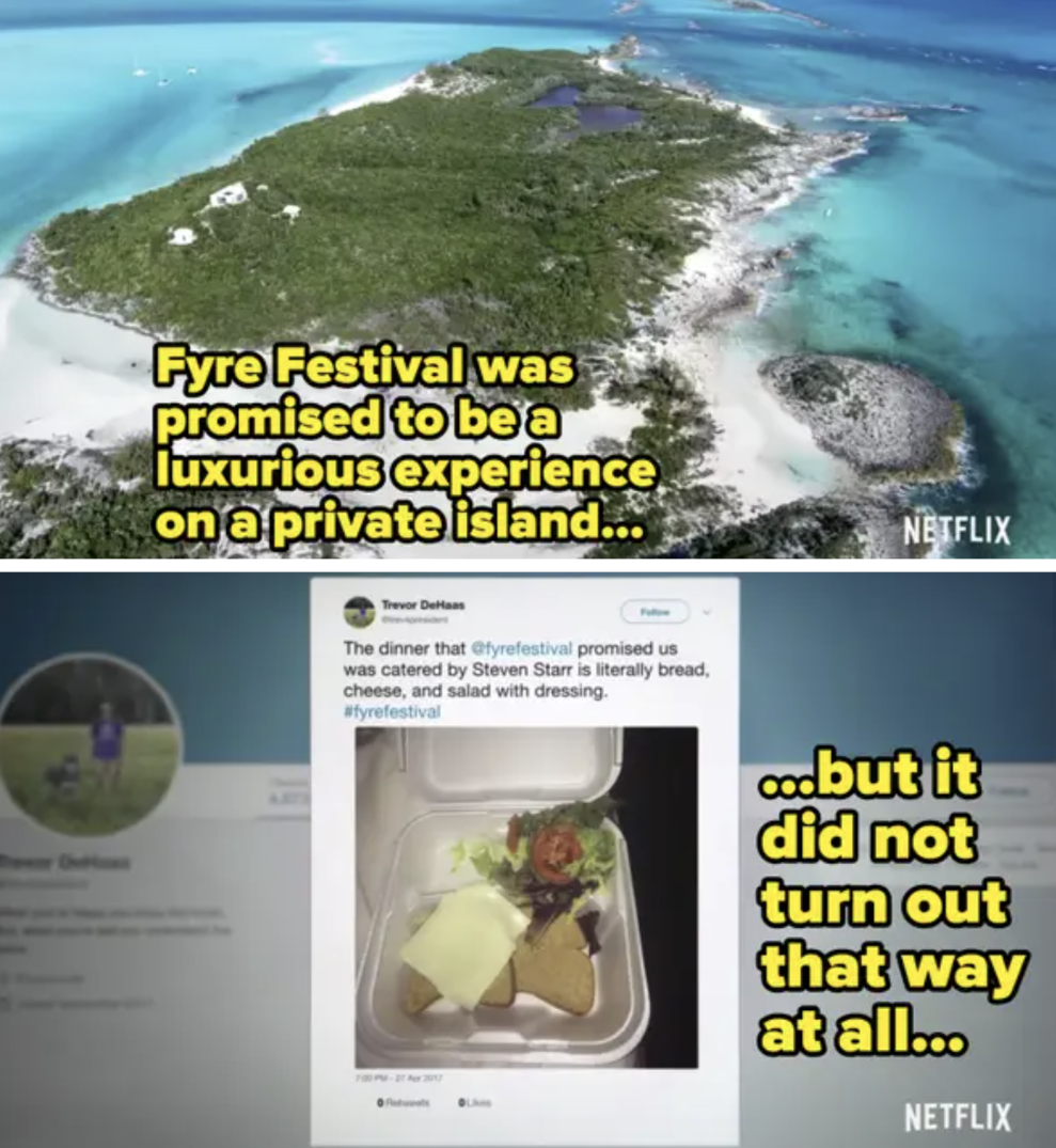 screenshot of people&#x27;s lunch from the festival and an aerial shot of the island