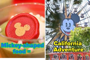 two images: on the left is a mickey-shaped cookie in a pudding, next to a separate image of a ferris wheel with mickey's head on it