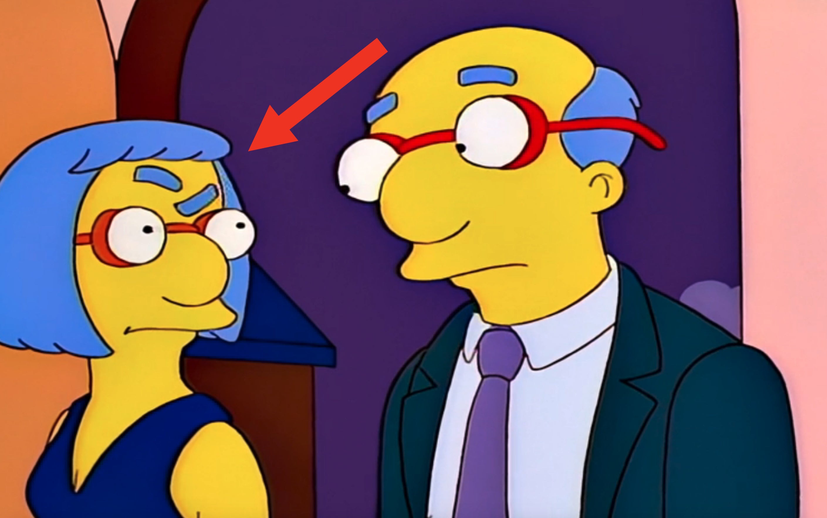 Arrow pointing to Luann's raised eyebrows