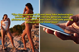 On the left is a girl taking a photo of her friend with caption "The development of AI and deep fake tech terrifies me. They can literally generate naked pictures from a normal one. I don't feel safe posting online"