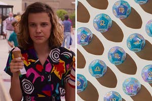 On the left, Eleven from Stranger Things holding a strawberry ice cream cone, and on the right, various dice with zodiac symbols on them