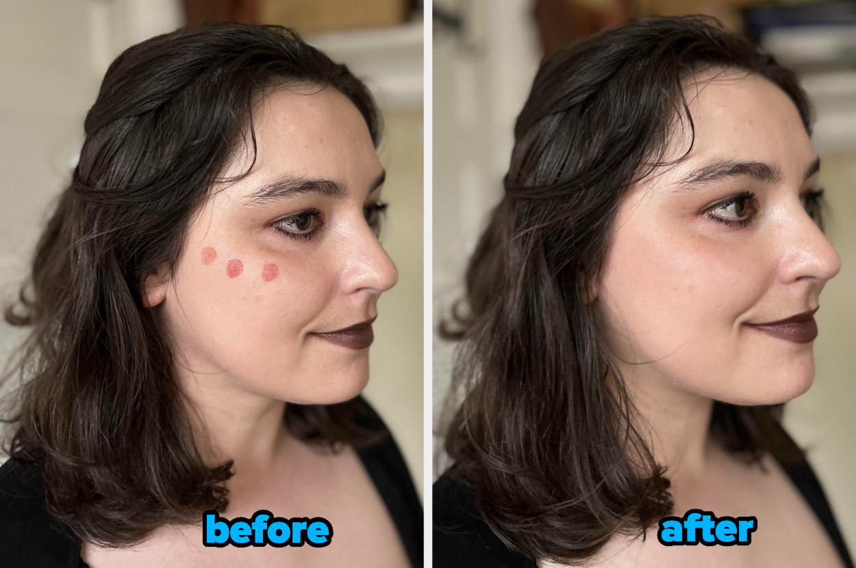BuzzFeed Shopping writer with three dots of blush on their cheekbones labeled before, and after with blush blended into their cheekbones creating a lifted effect