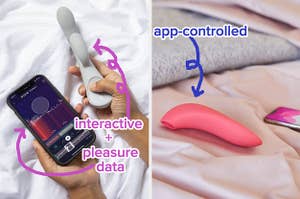 Hand holding gray rabbit vibrator and cell phone and coral suction vibrator next to cell phone