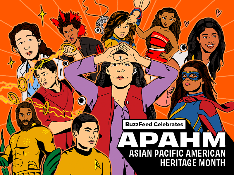 Collection of AAPI characters in TV and movies and the words: BuzzFeed Celebrates APAHM