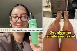 a reviewer holding up the eight saints toner and text that reads "must have in your skin care routine"; reviewer with tanned legs and text that reads "get glowing sun-kissed skin"