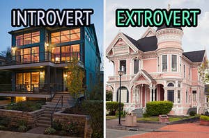 On the left, a modern house with floor to ceiling windows with stairs leading up to it labeled introvert, and on the right, a Victorian-style house labeled extrovert