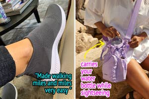 sock like shoes on the left and water bottle holder