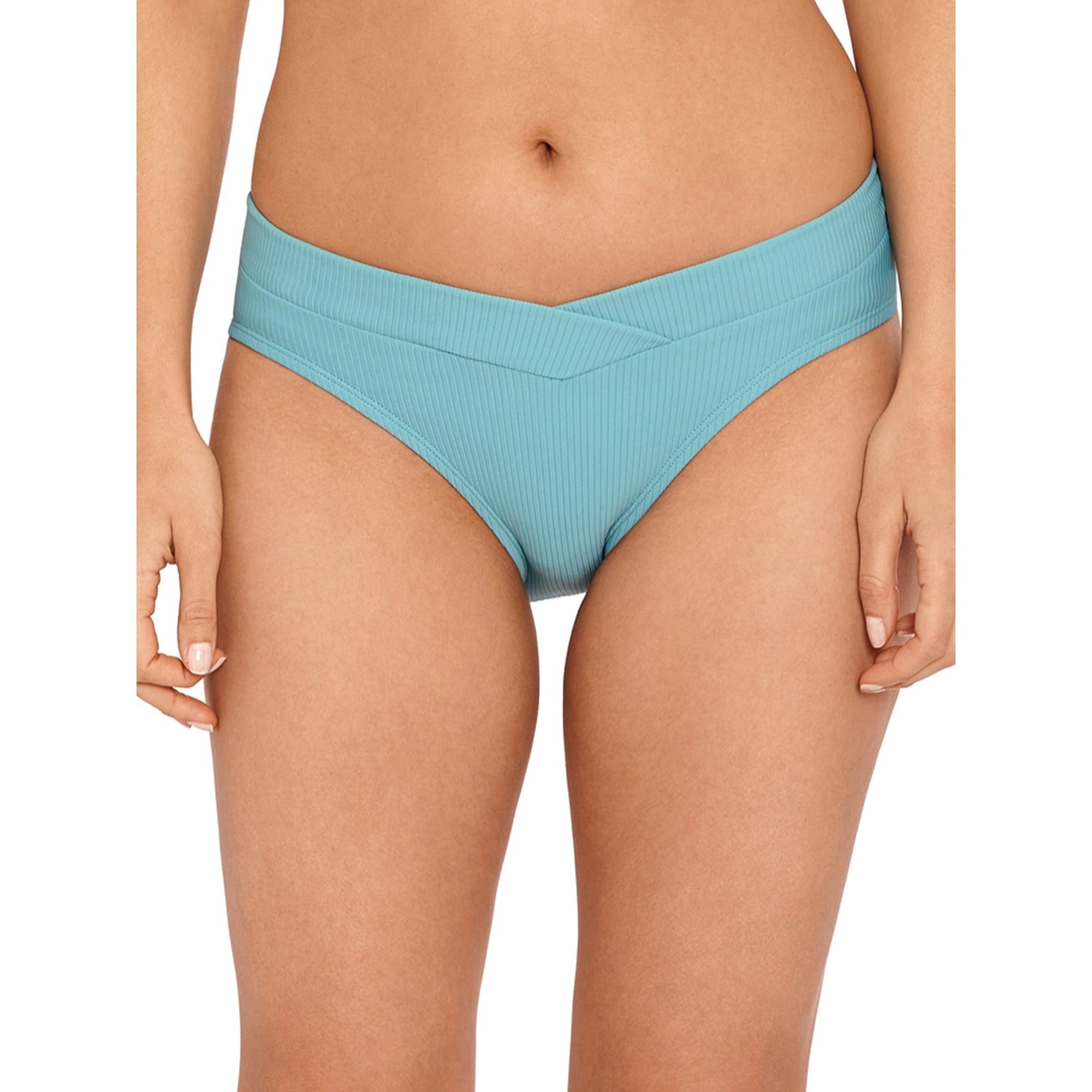 model wearing blue ribbed bikini bottom