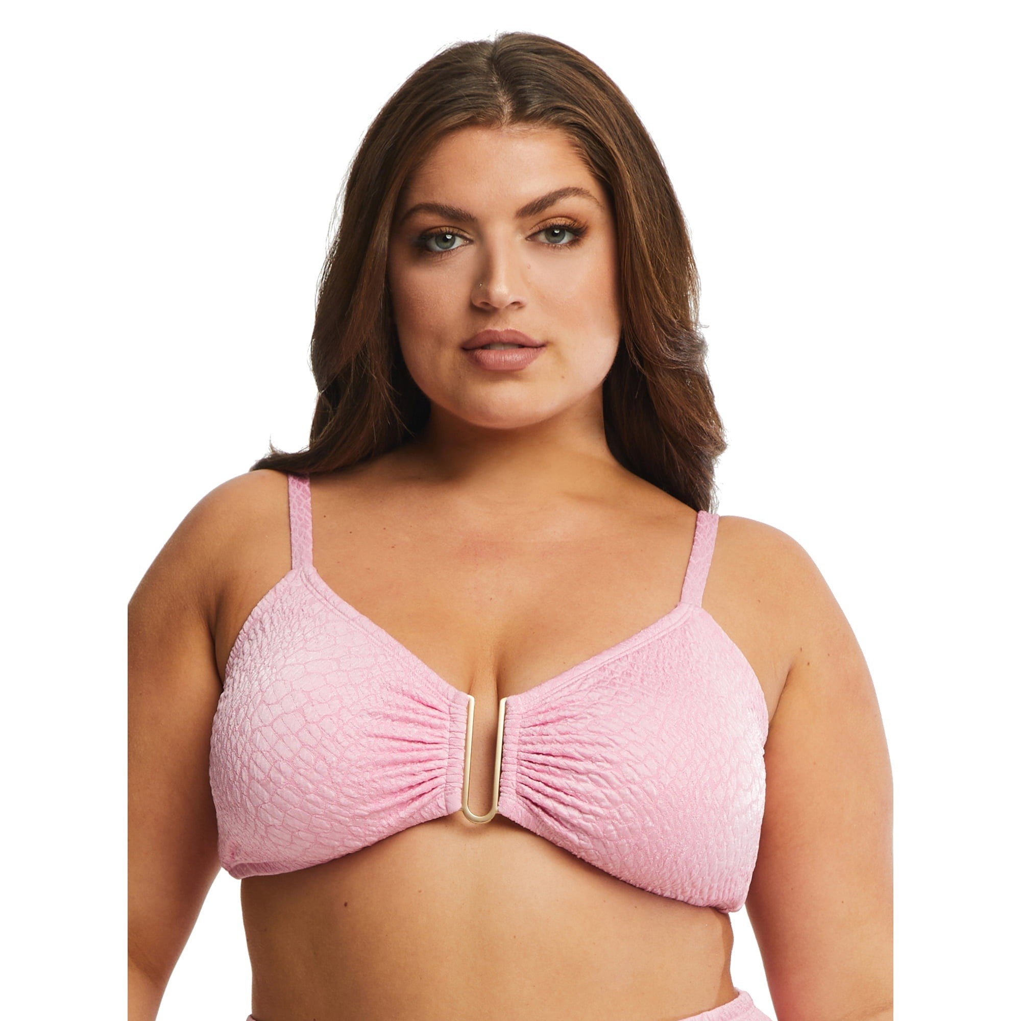 model wearing pink bikini top with u-shaped design
