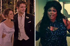 On the left, Bella and Edward from Twilight on their wedding day, and on the right, Lizzo in the About Damn Time music video