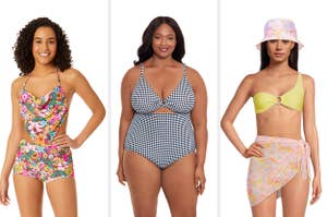 on left: model in floral halter top and bikini bottom. in middle: model in black and white cut-out one-piece. on right: model in matching bucket hat and sarong