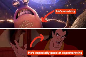 A split screen of the crab villain in Moana and Gaston singing in Beauty and the Beast