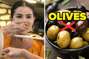 two separate images: on the left, a woman eats food, on the right is a bowl of olives