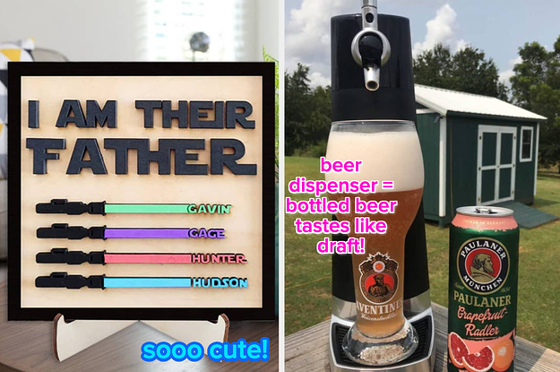 a plaque that says "I am their father" with kids name engraved in lightsabers and a reviewer's beer dispenser