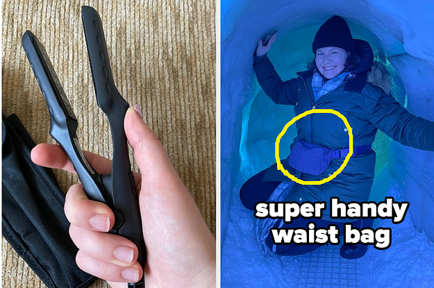 small flat iron hair tool, writer wearing a fanny pack on top of thick winter coat