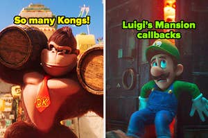 Donkey Kong holding barrels in the Kong Island Arena and Luigi, scared, holding back the castle doors in scenes from The Mario Bros. Movie