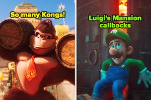 Donkey Kong holding barrels in the Kong Island Arena and Luigi, scared, holding back the castle doors in scenes from The Mario Bros. Movie