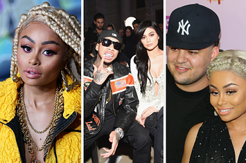A headshot of Blac Chyna vs Tyga and Kylie Jenner sit front-row at an event while Tyga flashes his grill vs Rob Kardashian and Blac Chyna pose on the red carpet