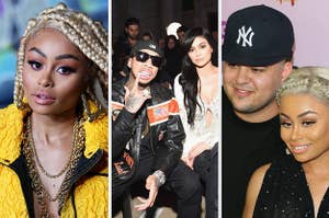A headshot of Blac Chyna vs Tyga and Kylie Jenner sit front-row at an event while Tyga flashes his grill vs Rob Kardashian and Blac Chyna pose on the red carpet