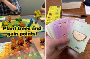 the game photosynthesis laid out in front of players and text that reads "plant trees and gain points"; a reviewer holding a hand of taco cat goat cheese pizza playing cards