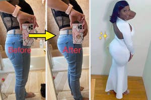 reviewer showing before/after of wearing the butt lifting underwear under jeans / reviewer wearing thong shapewear under a dress 