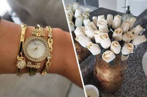 two images of a watch set and wooden flowers
