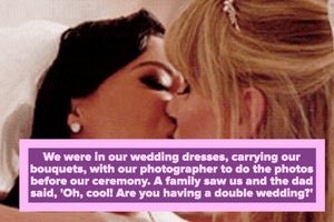 Brittany and Santana from Glee kissing in wedding gowns, with a Reddit comment telling how a lesbian couple was asked if they were doing a double wedding by a stranger who saw them in their dresses