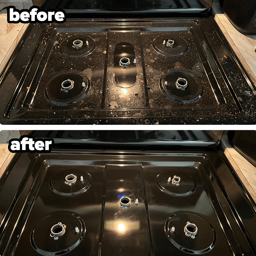 before/after showing a dirty, stained stovetop that&#x27;s been cleaned using the cooktop cleaner and left spotless