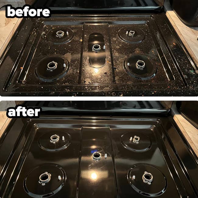 before/after showing a dirty, stained stovetop that's been cleaned using the cooktop cleaner and left spotless