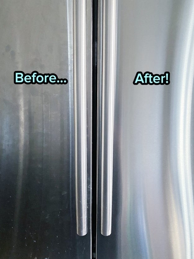 BuzzFeeder before and after photo showing a stainless steel fridge, with one door covered in streaks and fingerprints and the other looking streak-free after being cleaned