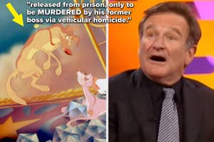 Charlie from All Dogs Go to Heaven floats in the air vs Robin Williams appears shocked in an interview
