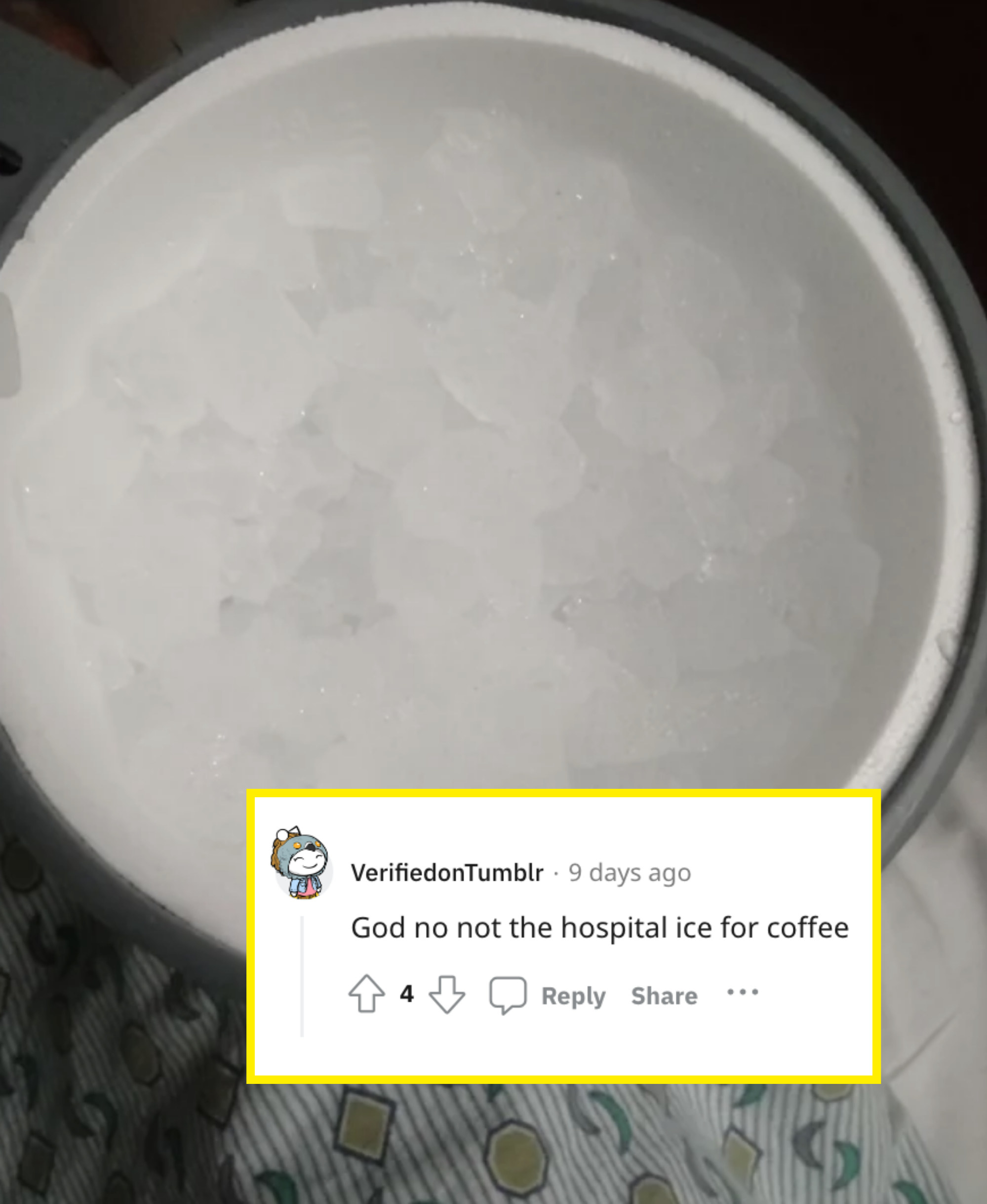 A hospital ice bucket filled with chewblet ice