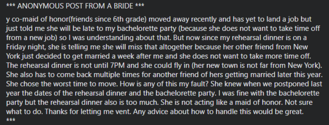 ***ANONYMOUS POST FROM A BRIDE***