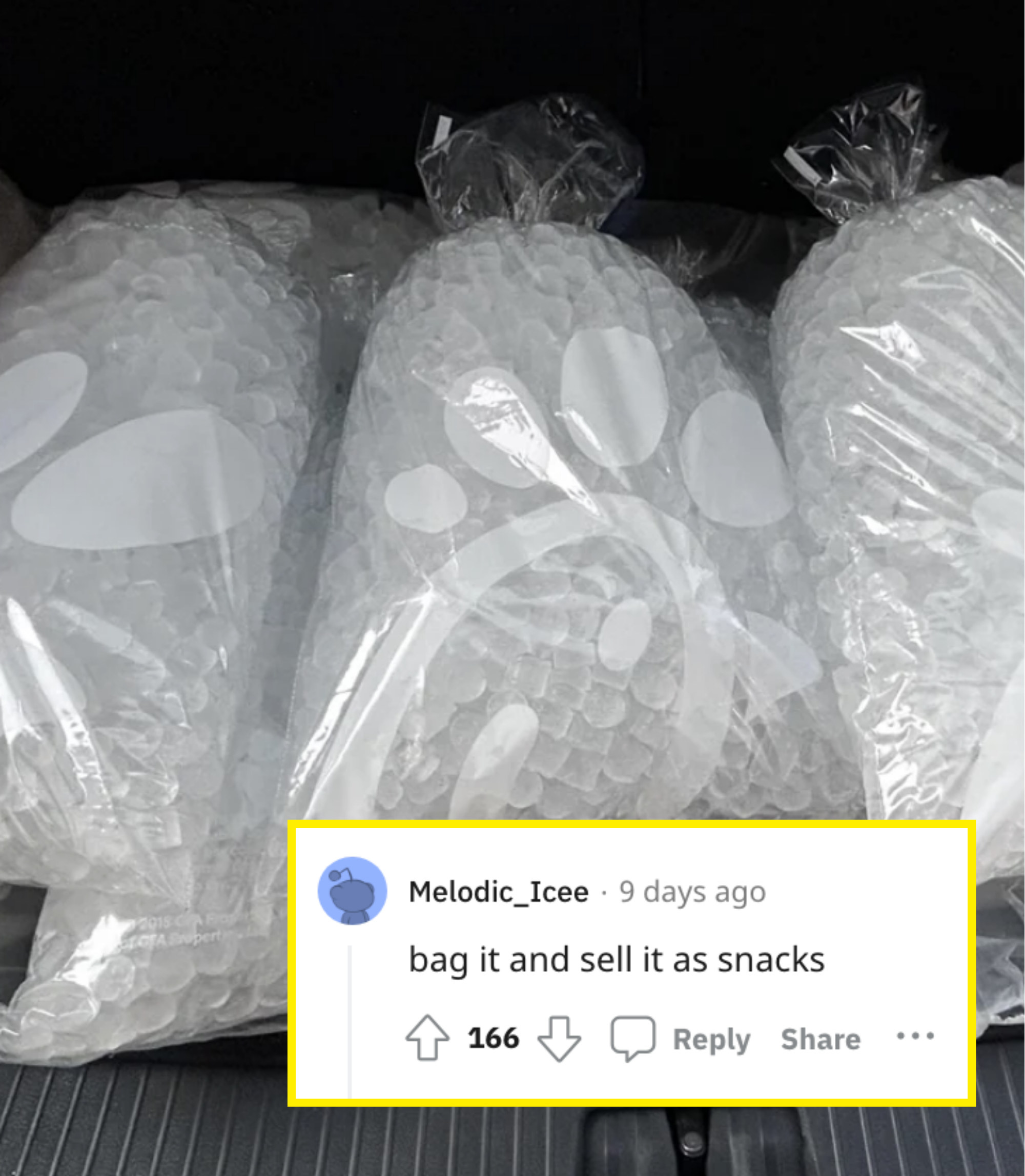 Three plastic bags full of pellet ice