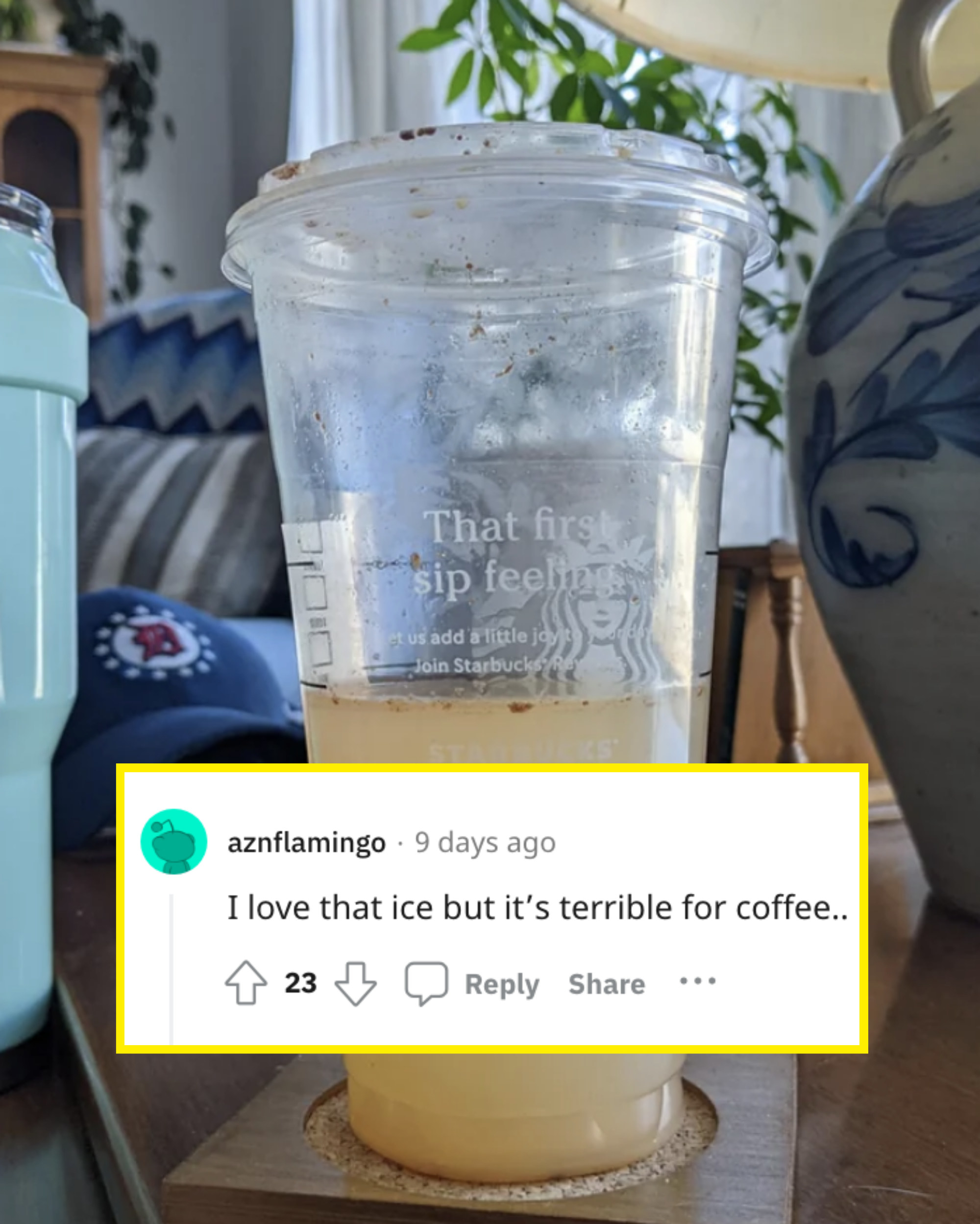 A Venti Starbucks cup containing visibly watered down iced coffee