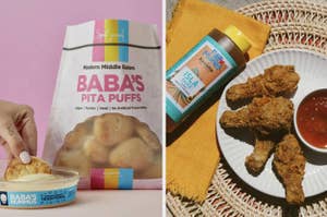 Model dipping Pita Puffs into hummus; Isla sauce next to fried chicken