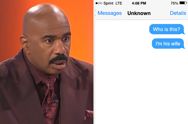 Steve Harvey looks baffled vs a screenshot of a woman reaching out to her partner's mistress