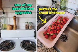 a white stove shelf holding various items / a pink colander straining strawberries