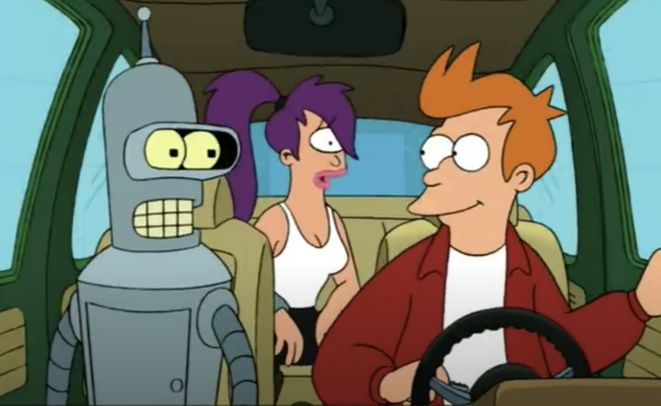 Philip, Turanga, and Bender of "Futurama" in a car
