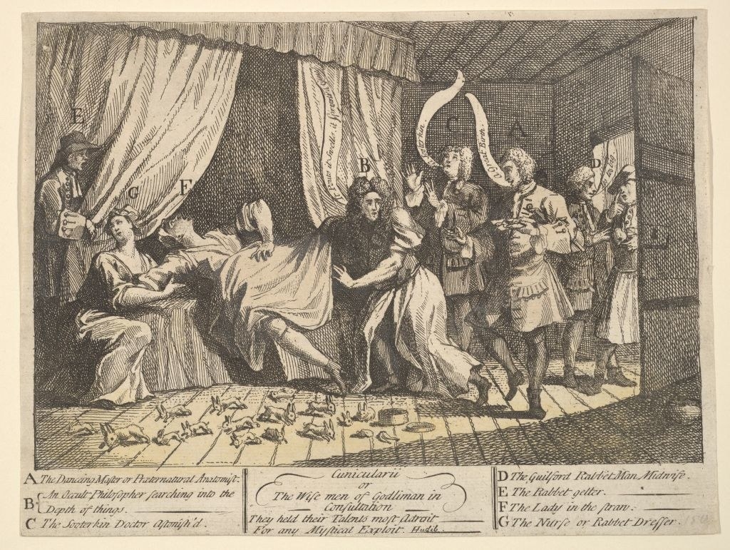 old drawing of people standing around a bed as a women gives birth to rabbits