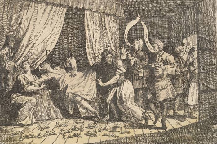 old drawing of people standing around a bed as a women gives birth to rabbits