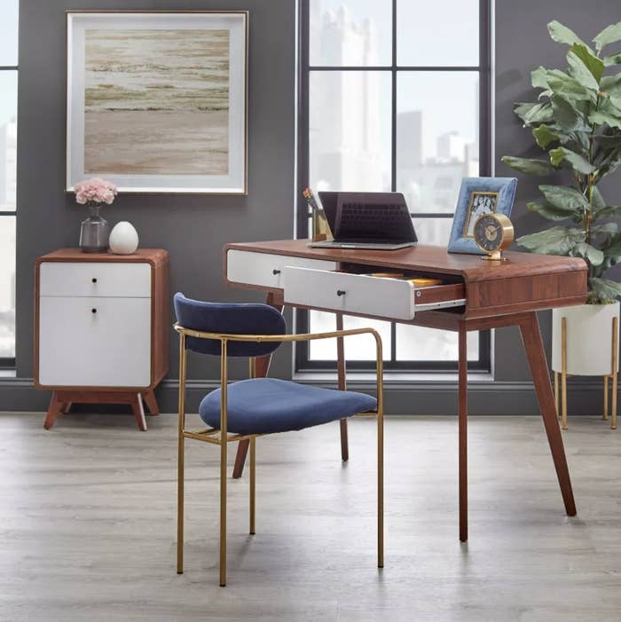 the brown modern desk in a home office