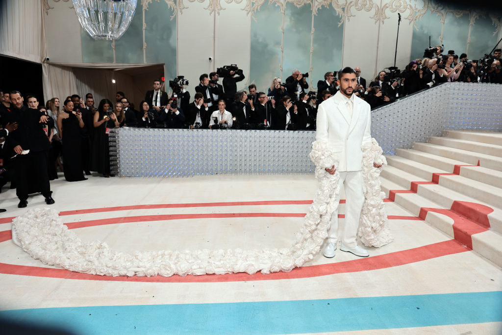 Bad Bunny attends The 2023 Met Gala in a white suit