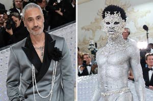 Taika Waititi poses with his hand in his pocket vs Lil Nas X struts on the stairs at the Met Gala