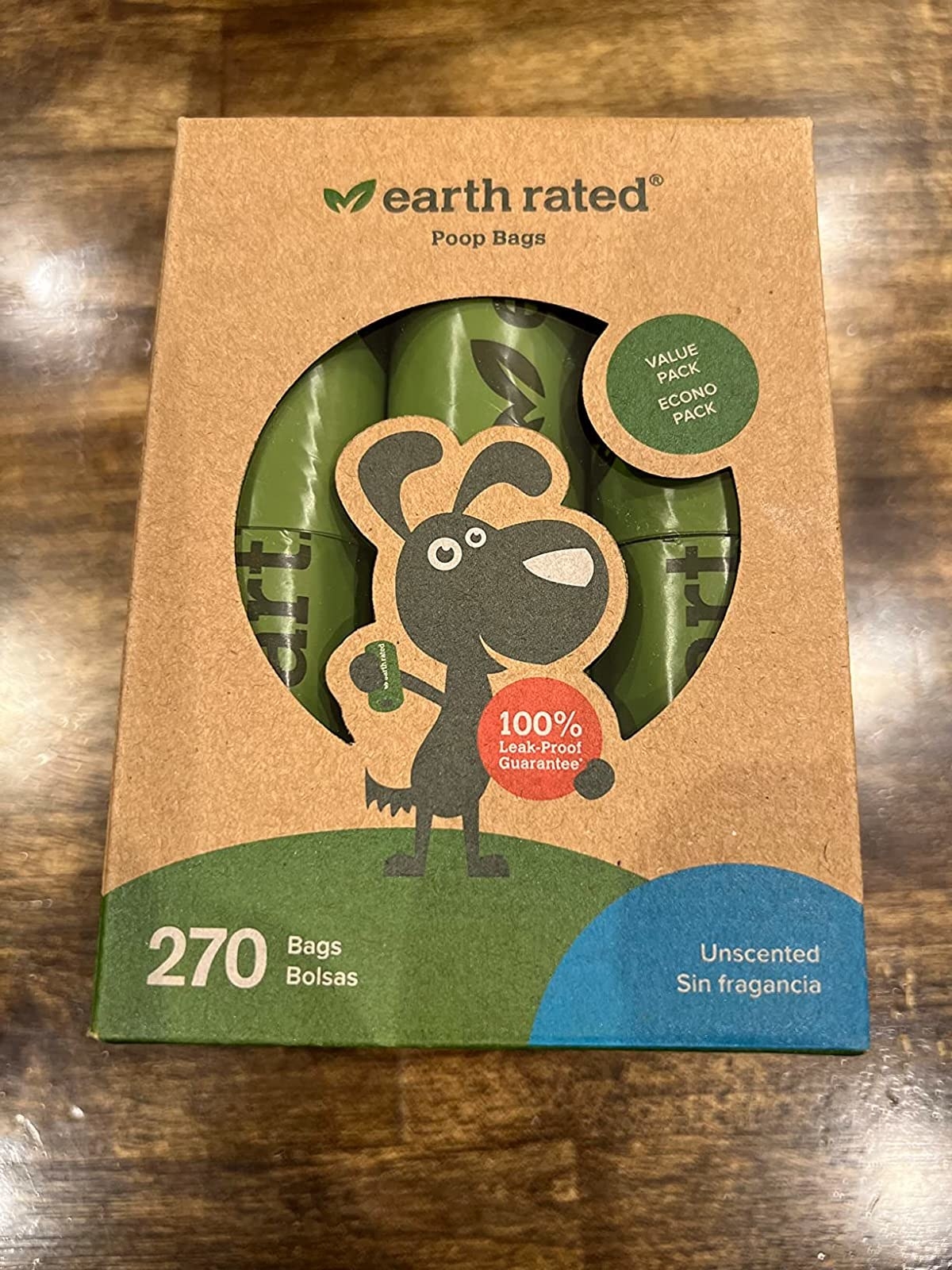 reviewer's box of earth rated brand poop bag rolls