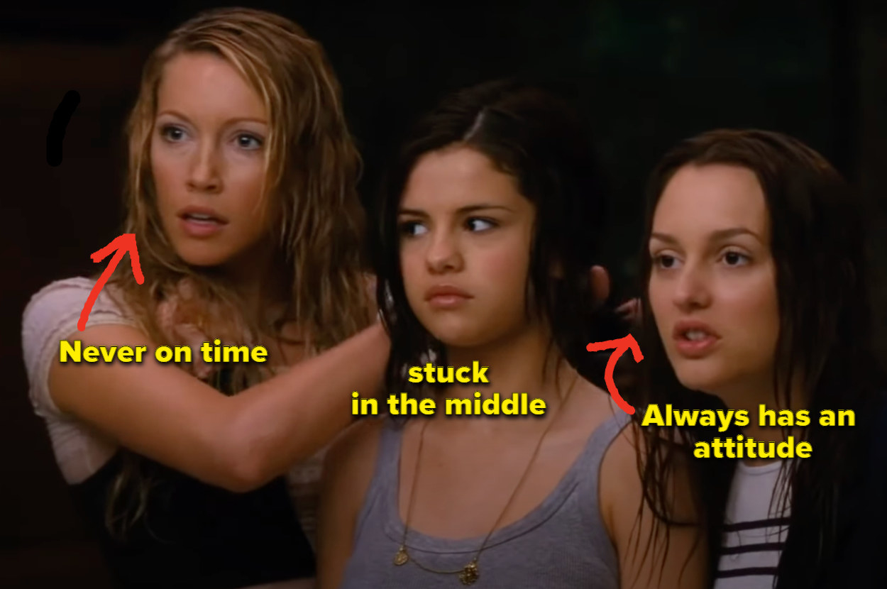 A screenshot from a scene in the movie &quot;Monte Carlo&quot; with Kate Cassidy on the left with the caption &quot;Never on time,&quot; Selena Gomez with the caption &quot;stuck in the middle&quot; and Leighton Meester with the caption &quot;Always has an attitude&quot;