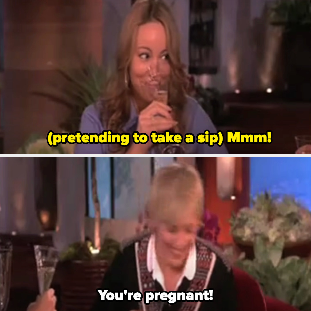 Mariah pretends to take a sip of the champagne and Ellen exclaims, &quot;You&#x27;re pregnant&quot;