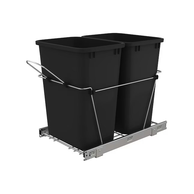 A metal slide mechanism and black trash cans