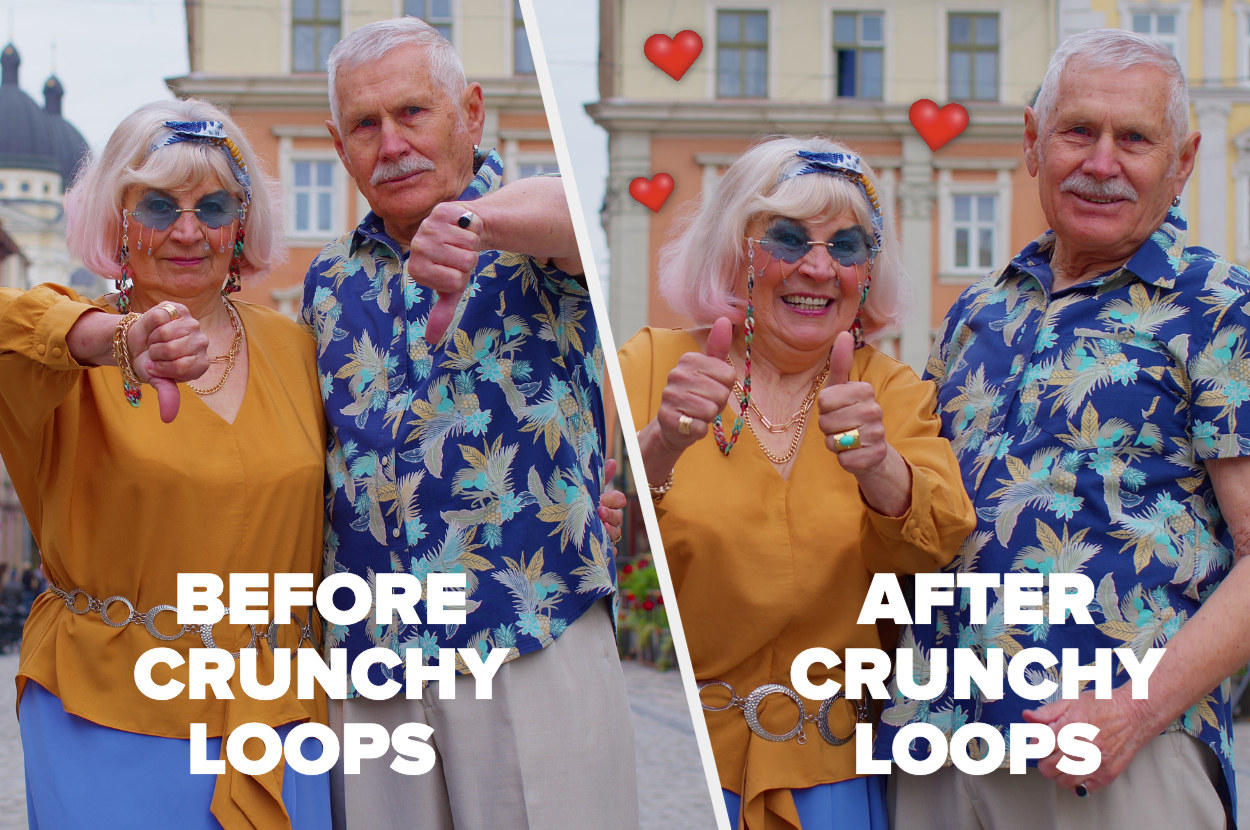 A split screen of a glum couple with thumbs down, and then happy with thumbs up