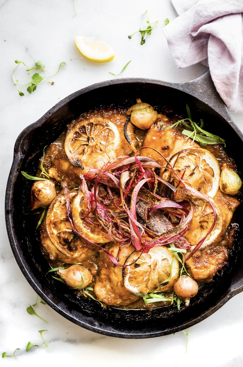 Skillet chicken with lemon and rhubarb.